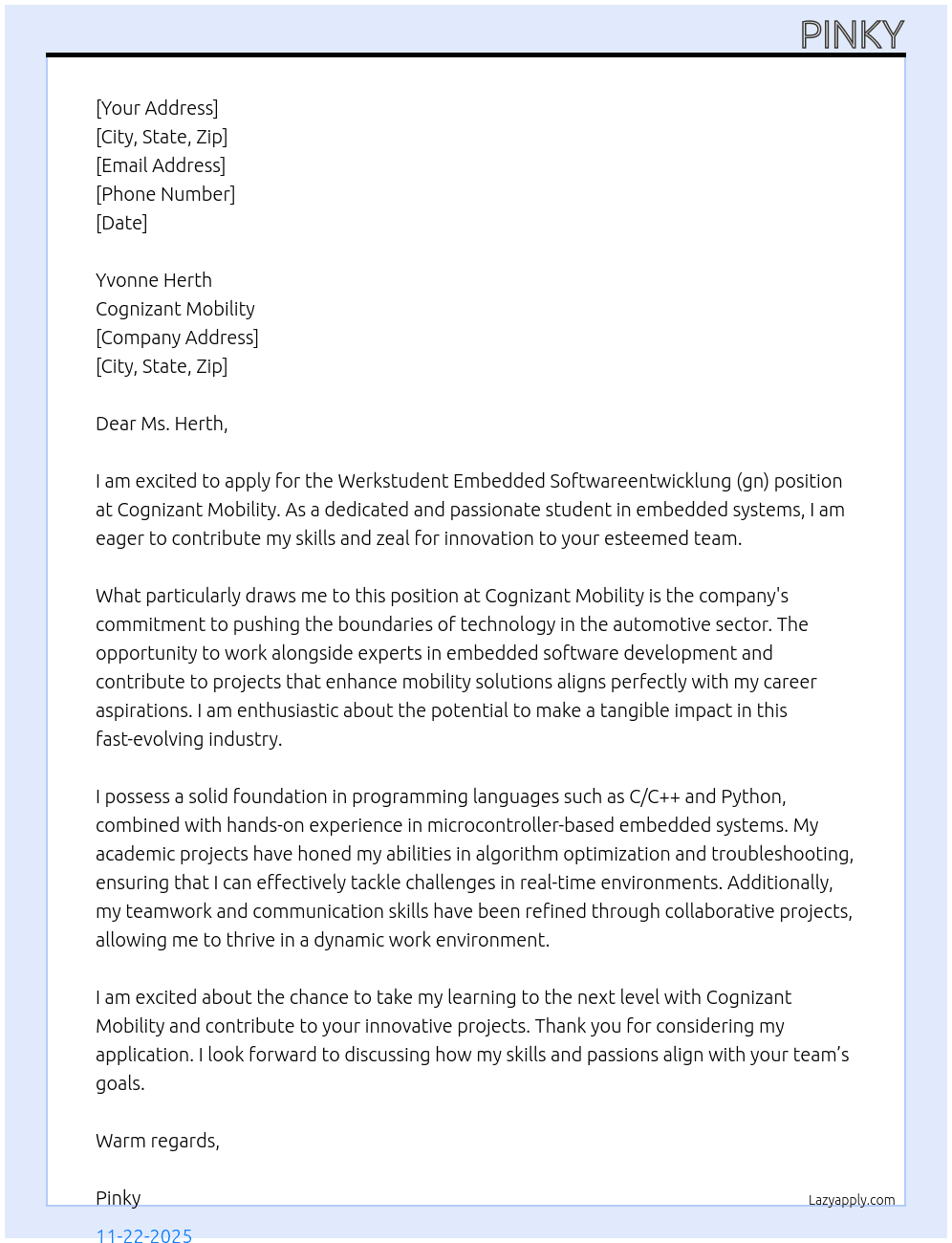 Werkstudent Embedded Softwareentwicklung (gn)  At cognizant mobility Cover Letter