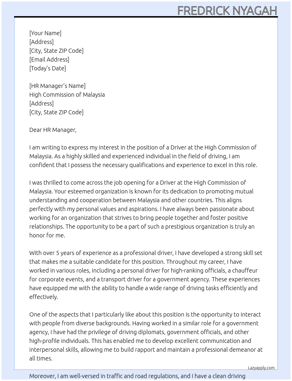 driver At HIGH COMMISSION OF MALAYSIA Cover Letter