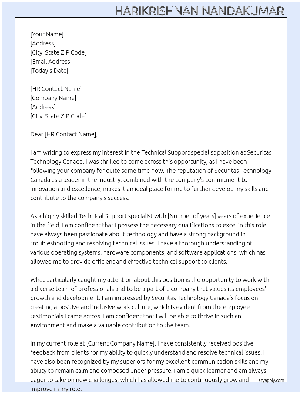 Technical Support specialist At Securitas Technology Canada Cover Letter