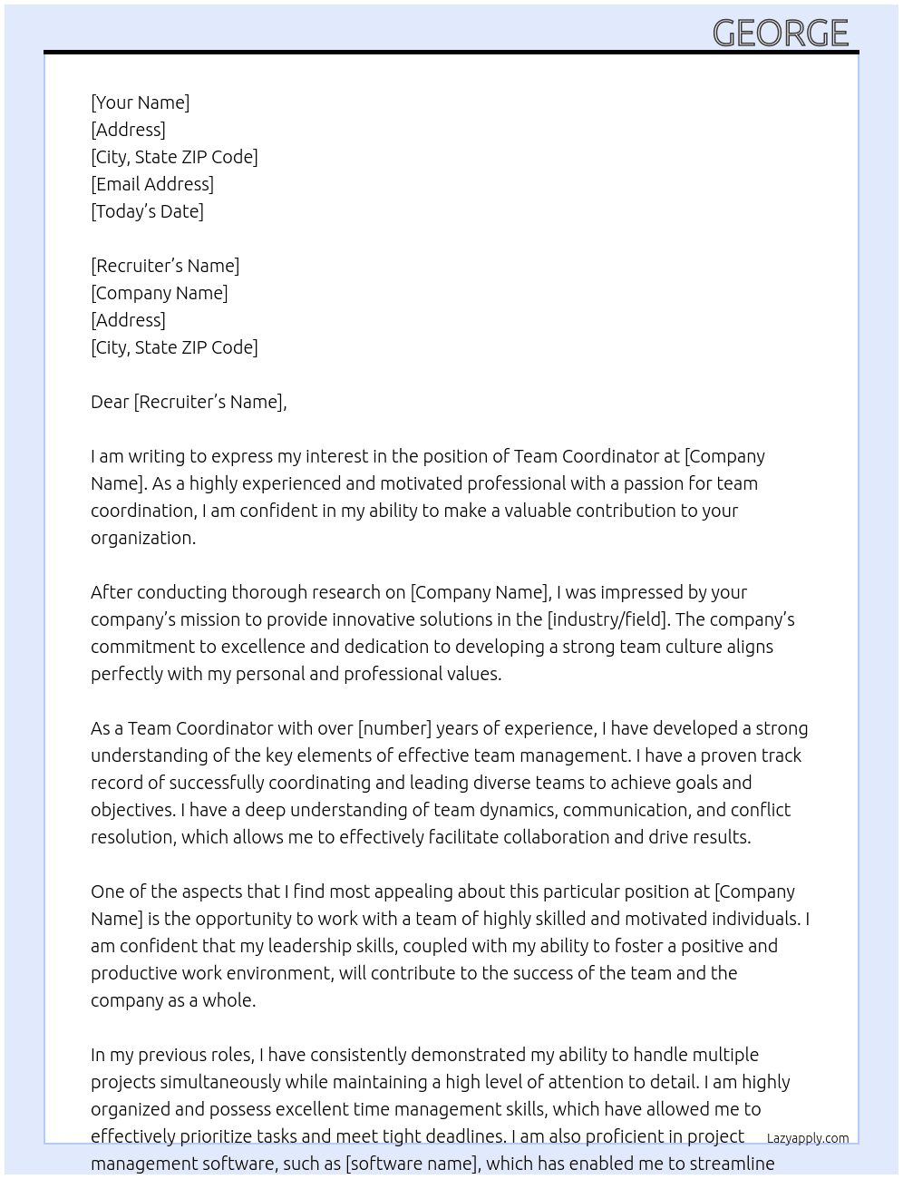 Team Coordinator  At Project Manager Cover Letter