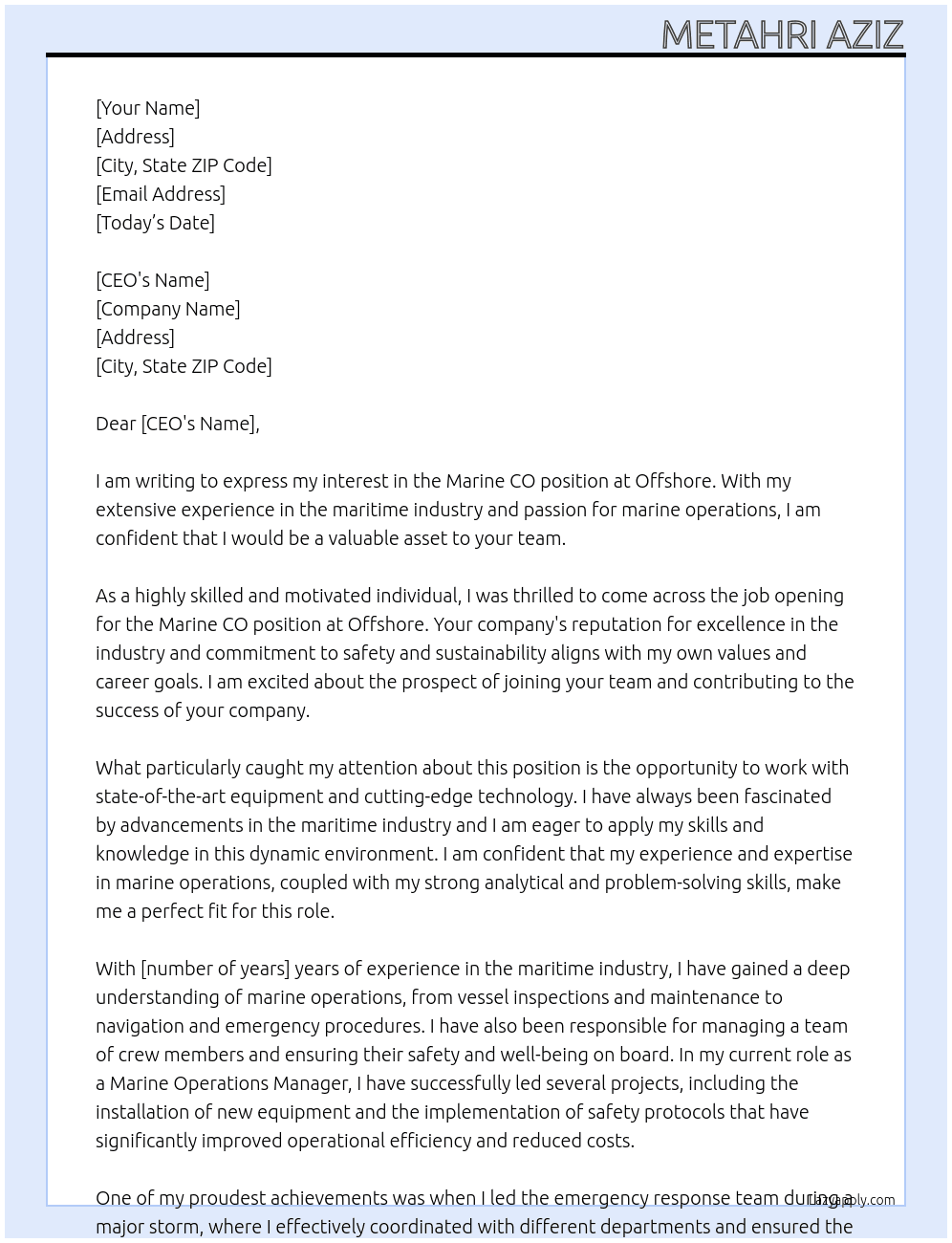 MARINE CO At offshore Cover Letter