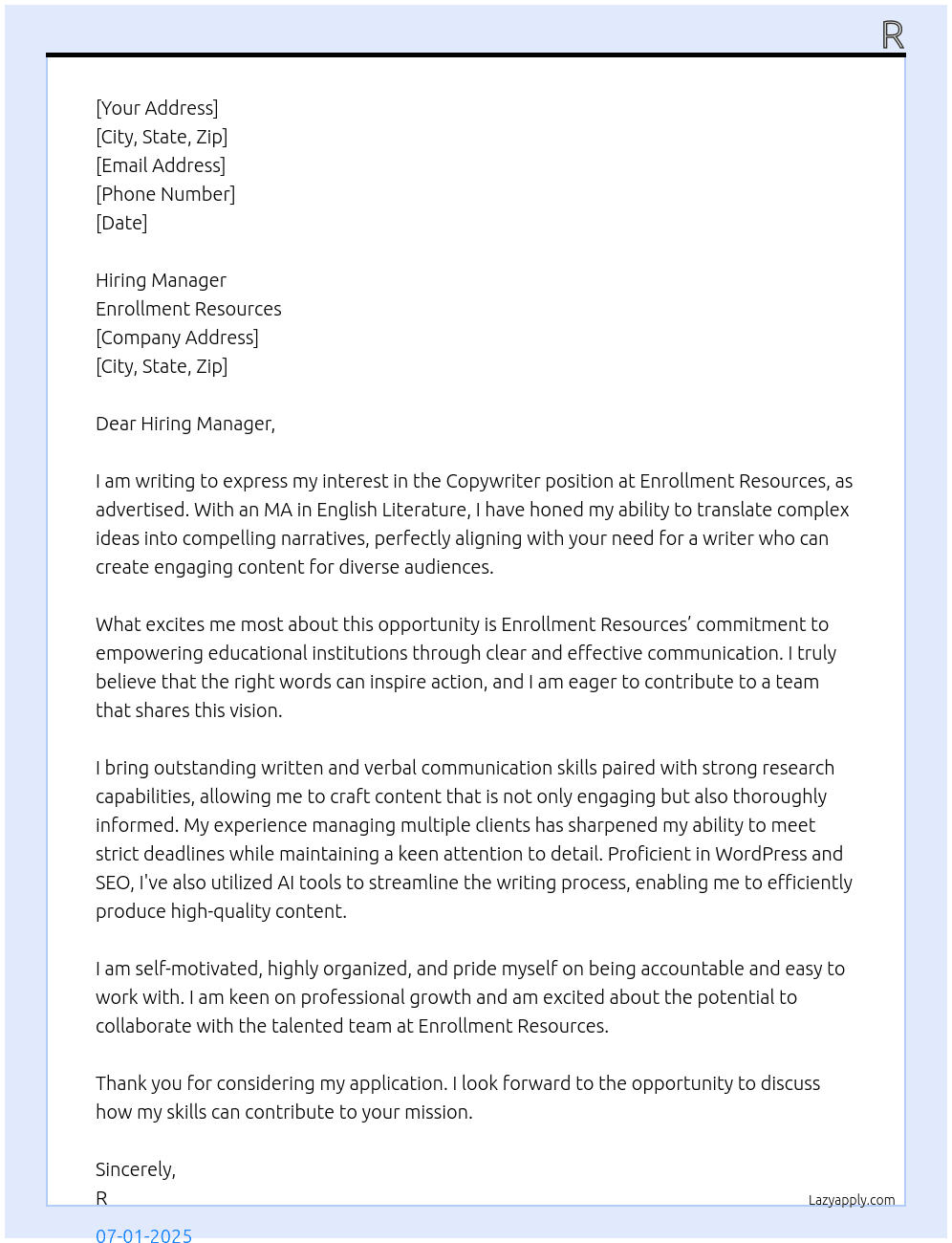 Copywriter At Enrollment Resources Cover Letter