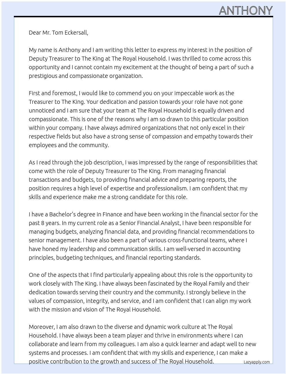 Deputy Treasurer to The King At The Royal Household Cover Letter