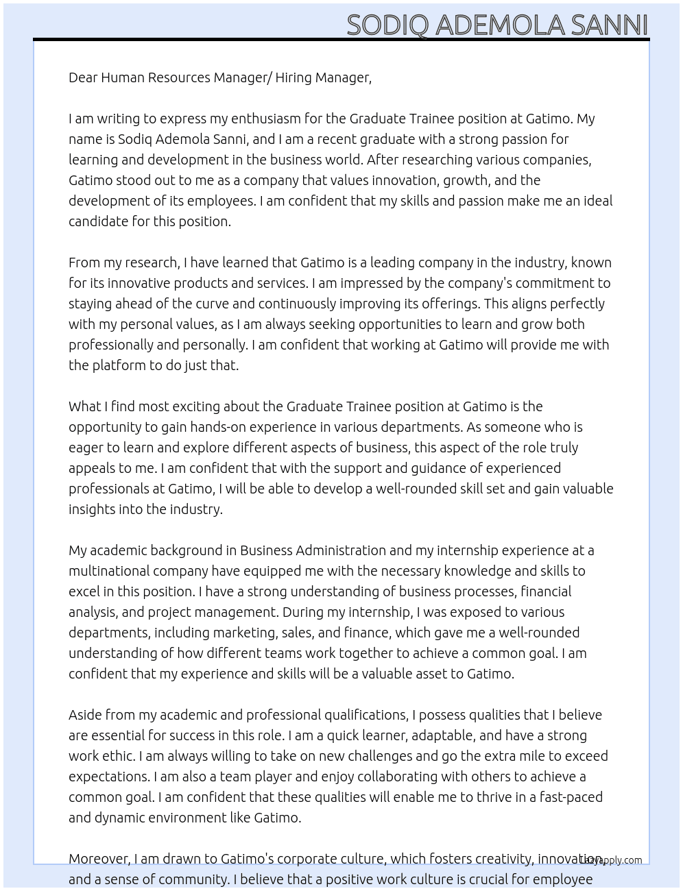 Graduate Trainee At Gatimo Cover Letter
