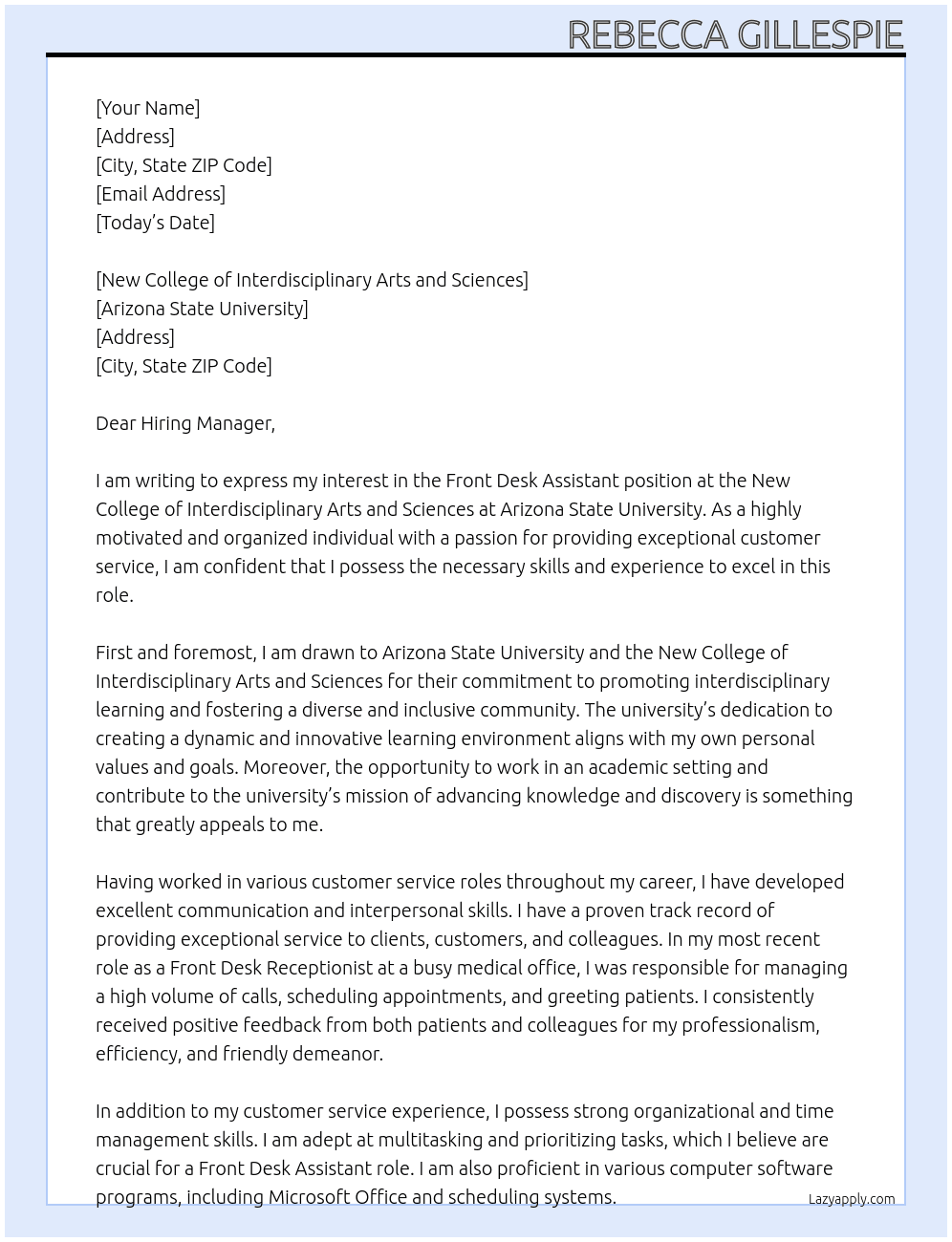 Front desk assistant At Arizona State University Cover Letter