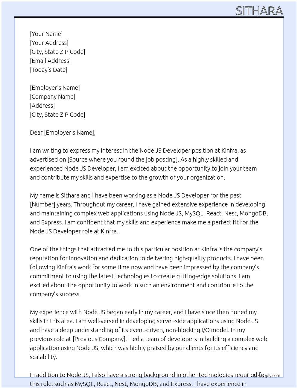Node JS Developer At Kinfra Cover Letter