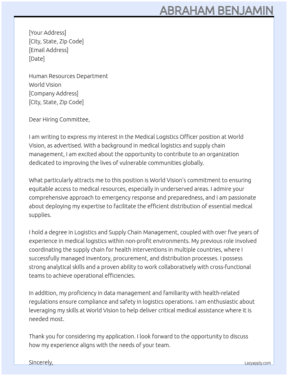 Medical logistics officer At World Vision Cover Letter