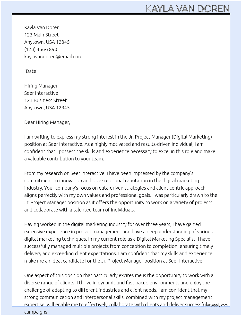 Jr. Project Manager (Digital Marketing) At Seer Interactive Cover Letter