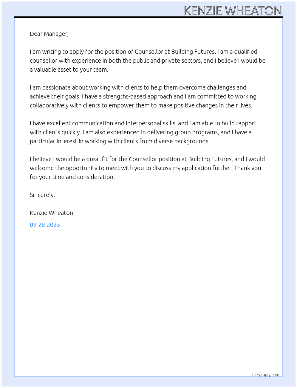 Counsellor At Building Futures  Cover Letter