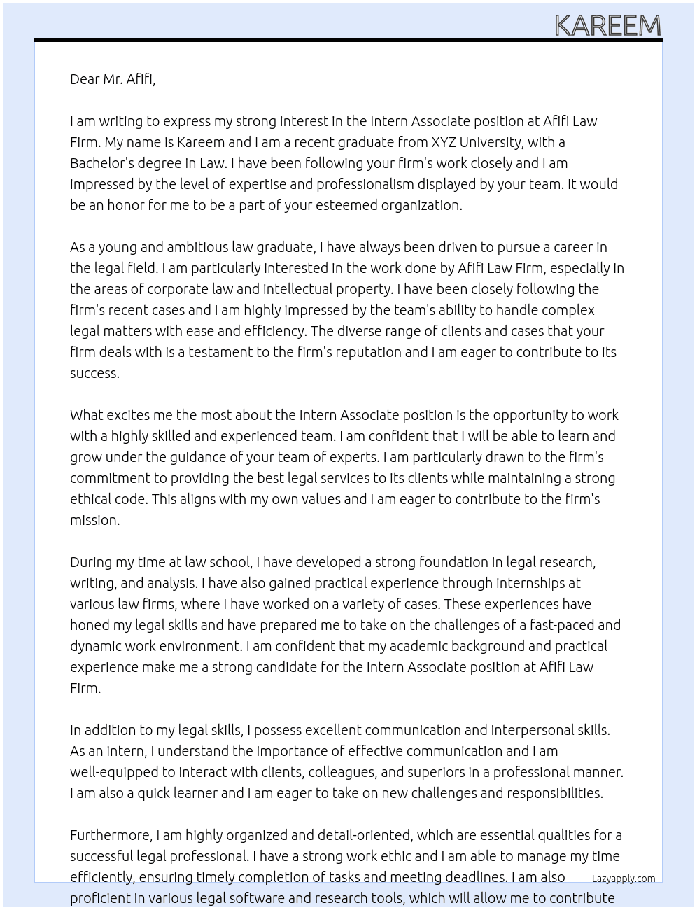 INTERN ASSOCIATE LAW FIRM At AFIFI LAW FIRM Cover Letter