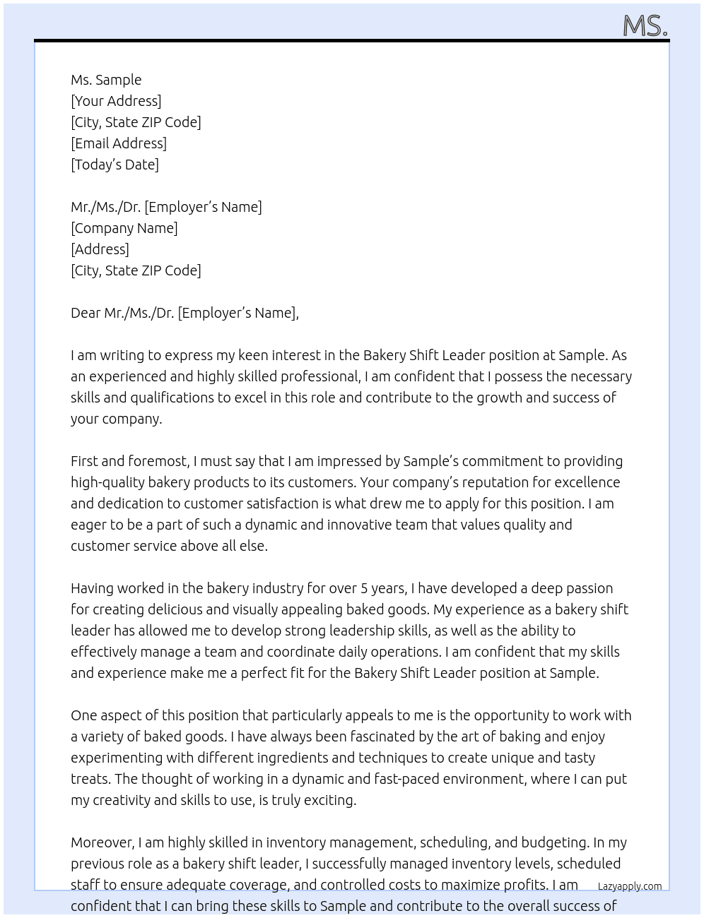 Bakery shift leader At Sample Cover Letter