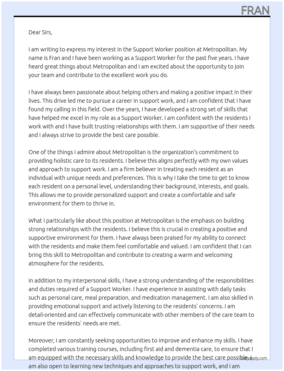 Support worker At Metropolitan Cover Letter