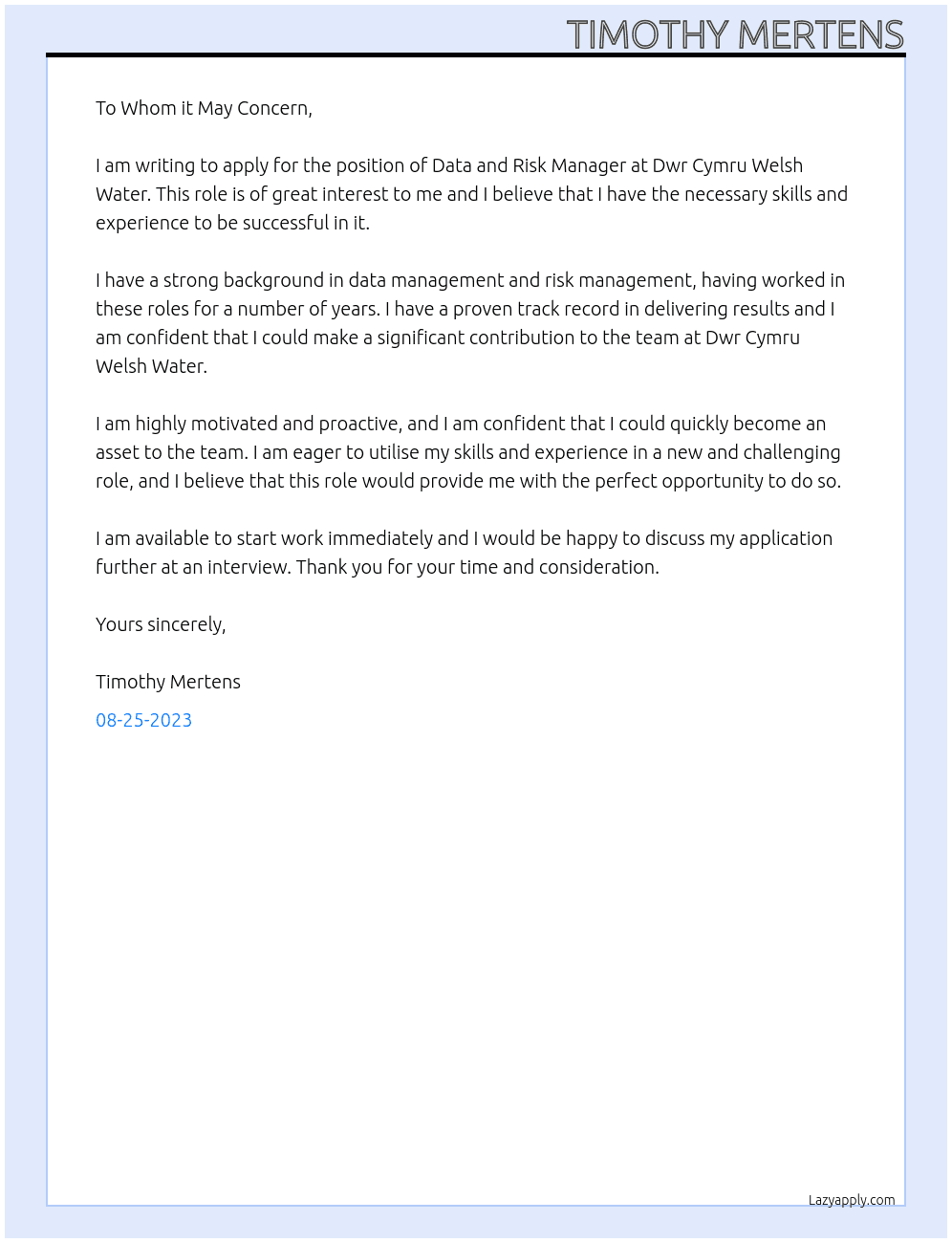 Data and Risk Manager At Dwr Cymru Welsh Water Cover Letter