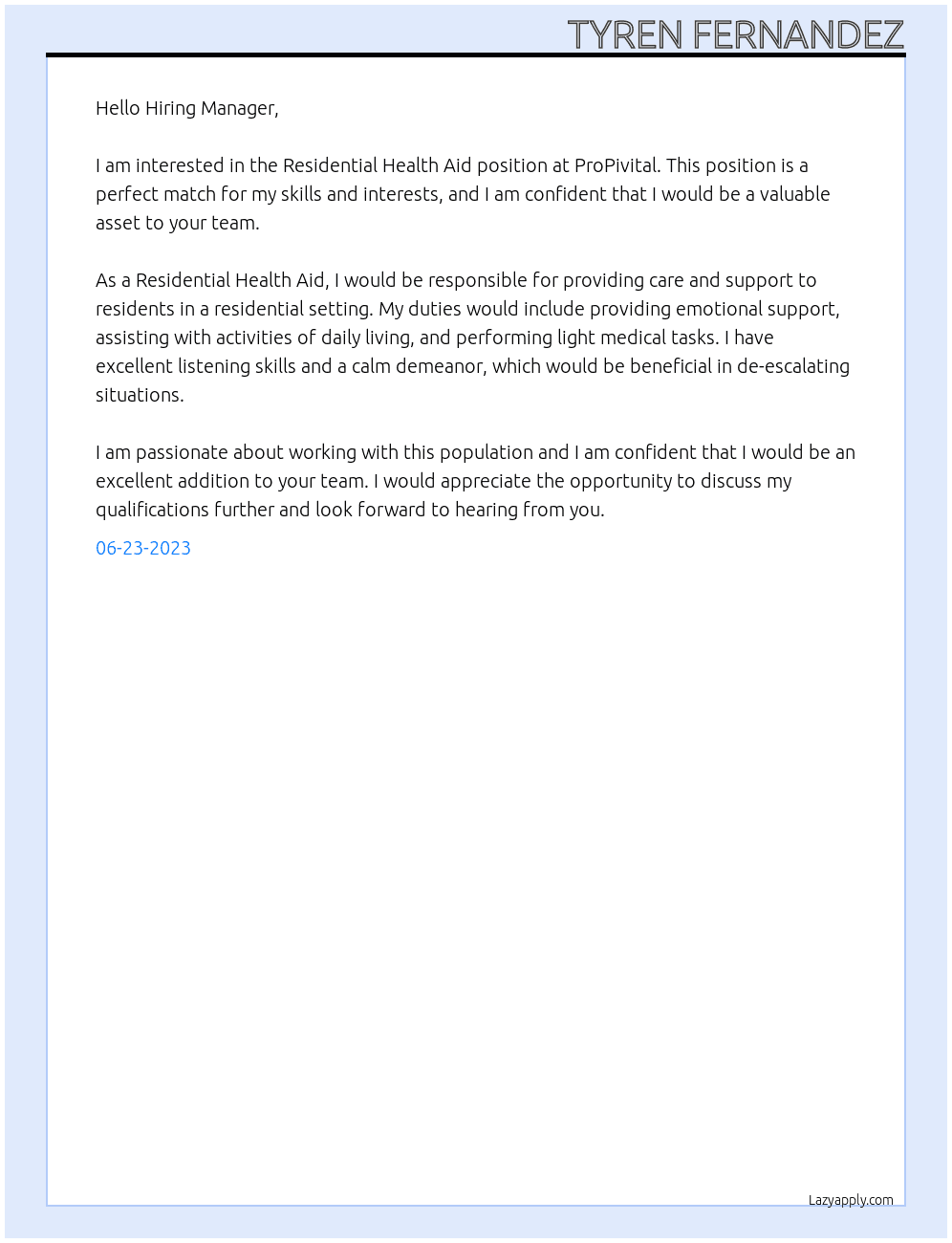 Residential Health Aid  At ProPivital Cover Letter
