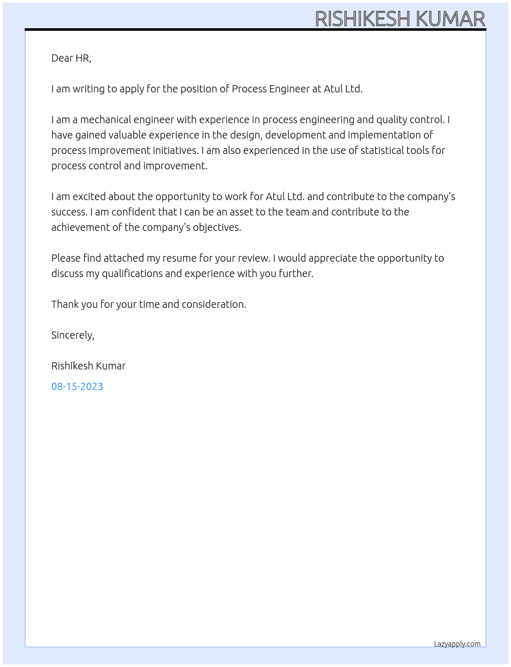 Process Engineer At Atul Ltd. Cover Letter