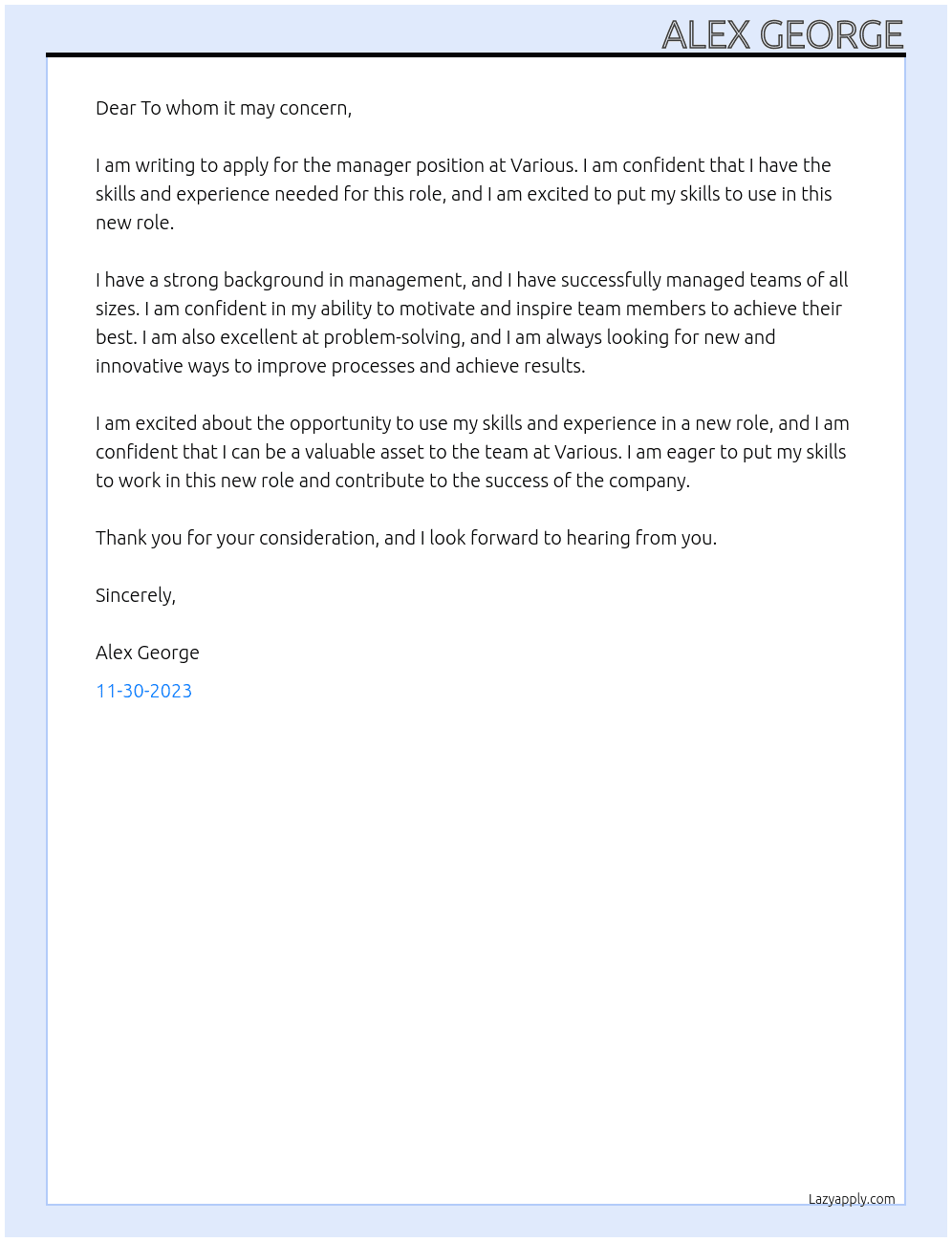 Manager At Various Cover Letter
