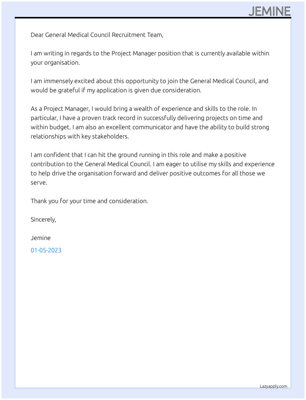 Project manager At General Medical Council Cover Letter