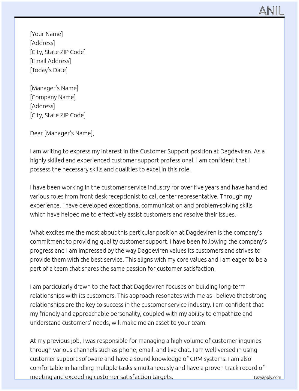 Customer Support At Dagdeviren Cover Letter