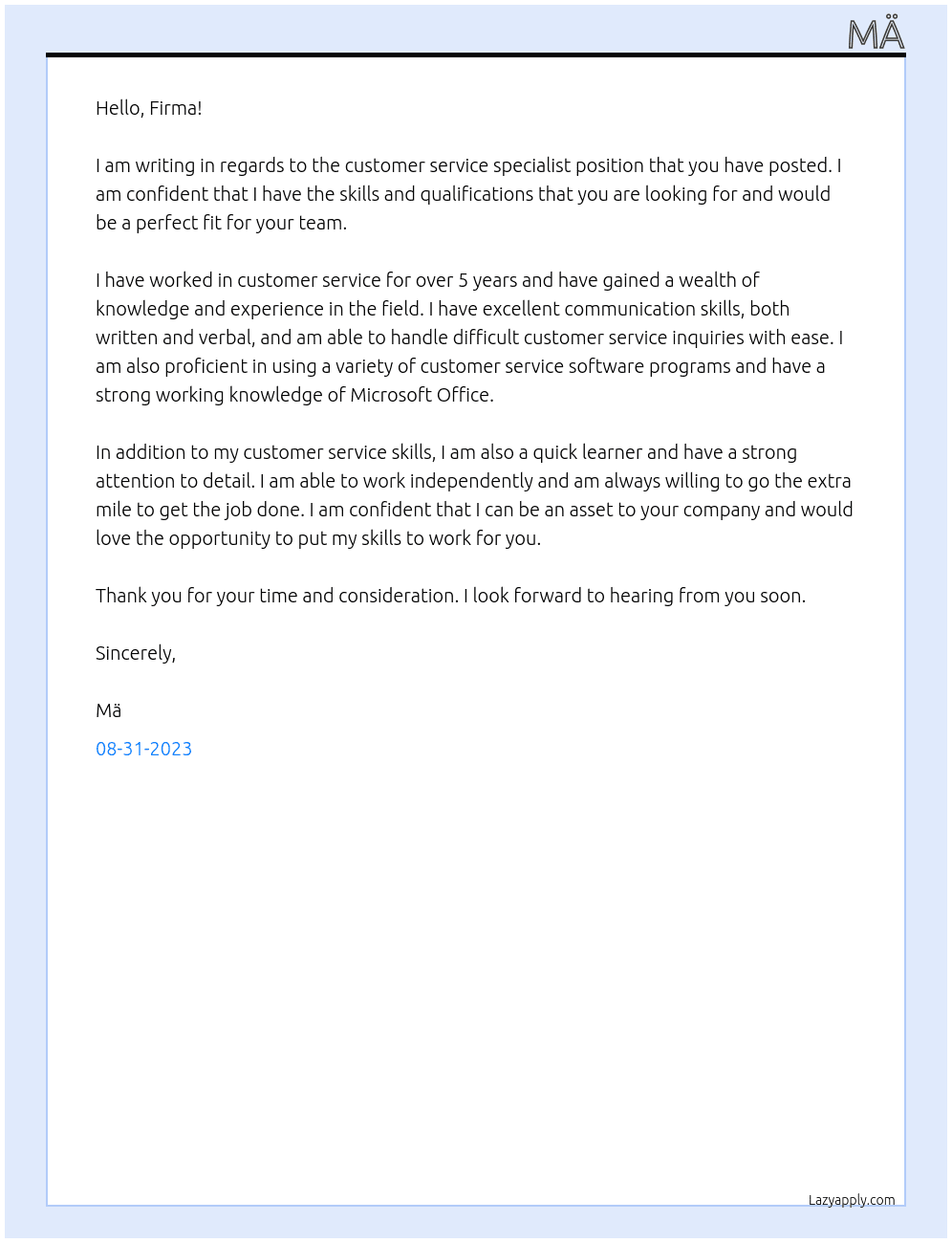 Customer service specialist At FIRMA Cover Letter