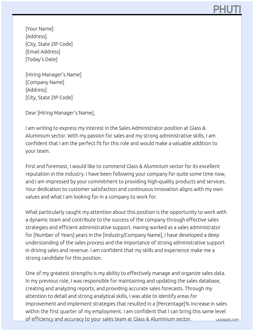 sales administrator At Glass & Aluminium sector Cover Letter