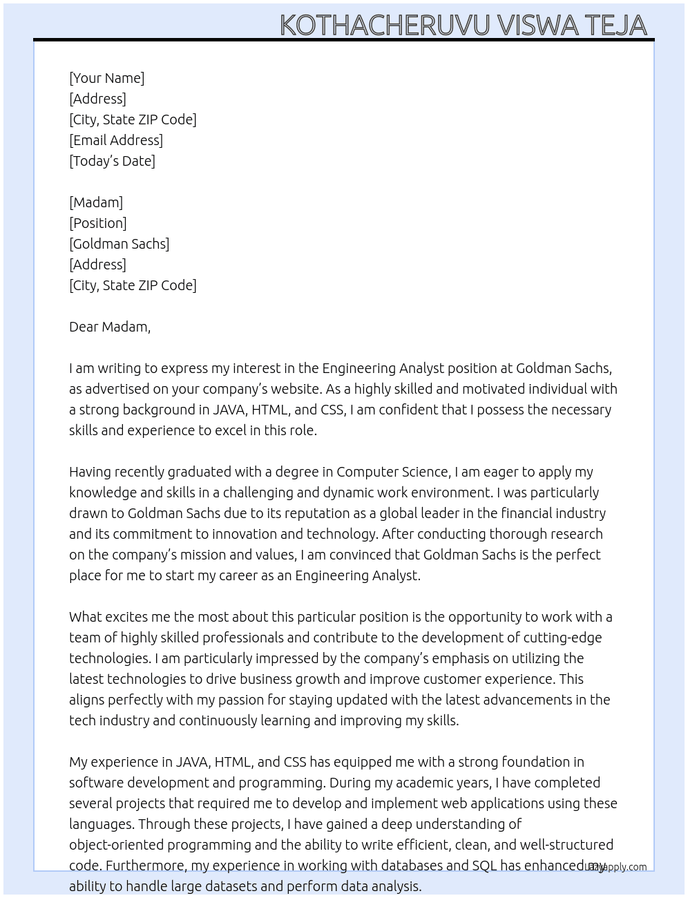 Engineering Analyst  At Goldman Sachs | Cover Letter