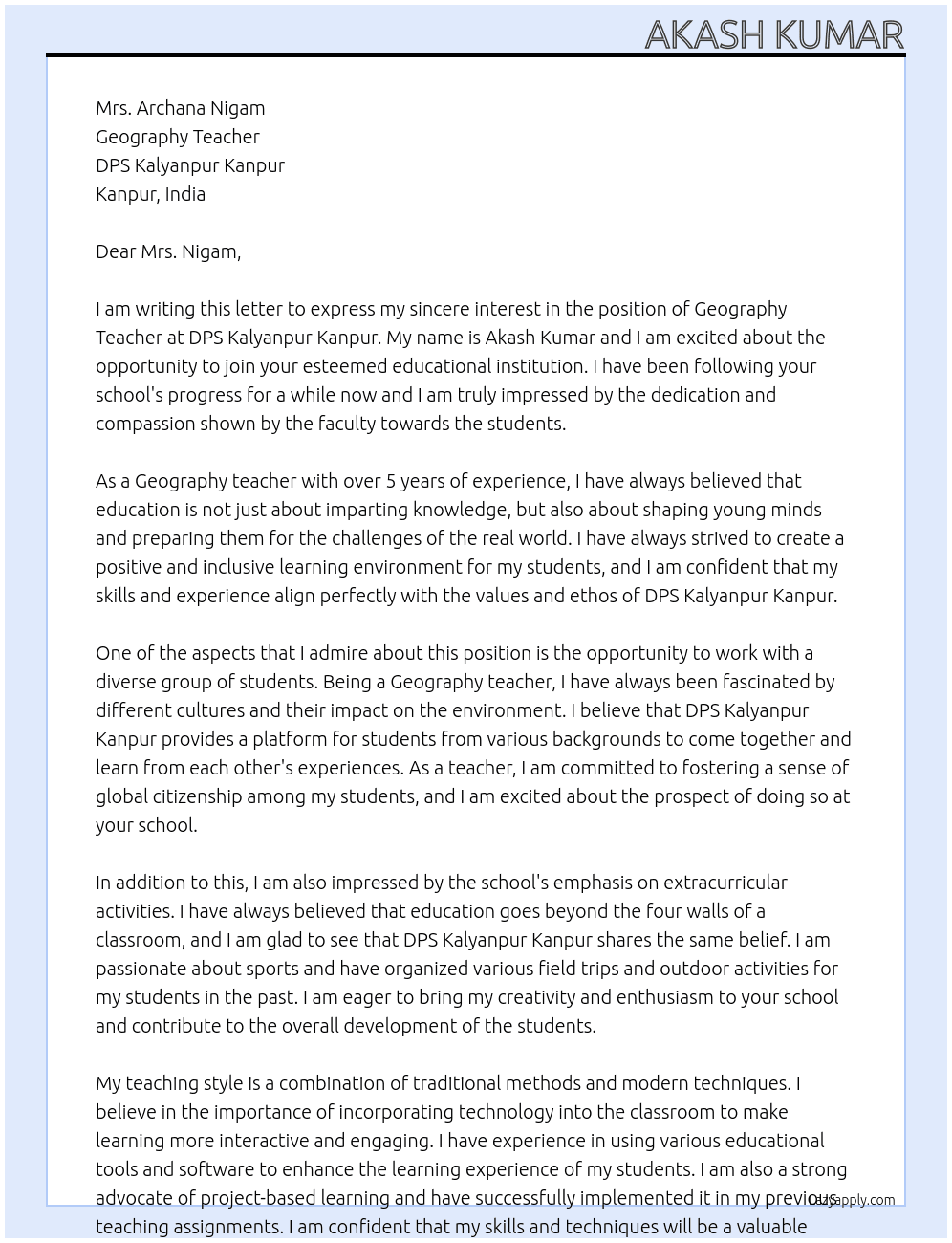 Geography Teacher  At DPS Kalyanpur Kanpur  Cover Letter