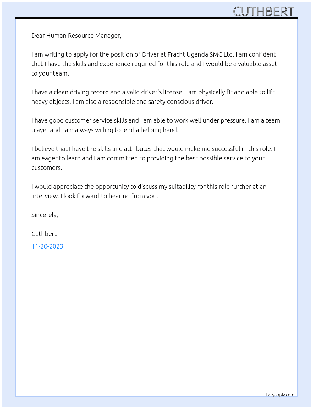 Driver  At Fracht Uganda SMC Ltd  Cover Letter