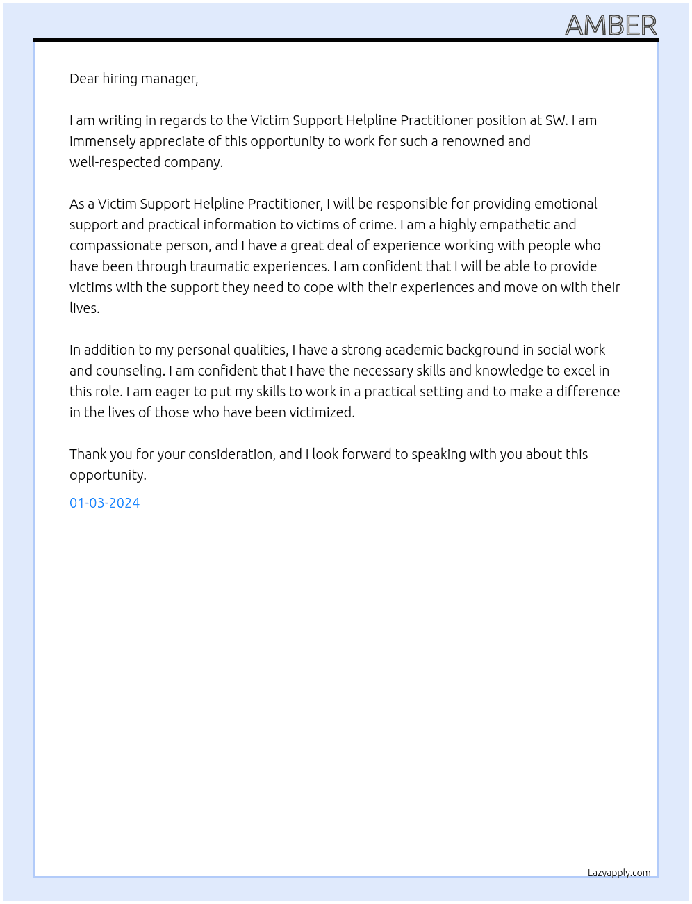 vicitim support helpline practioner  At sw Cover Letter