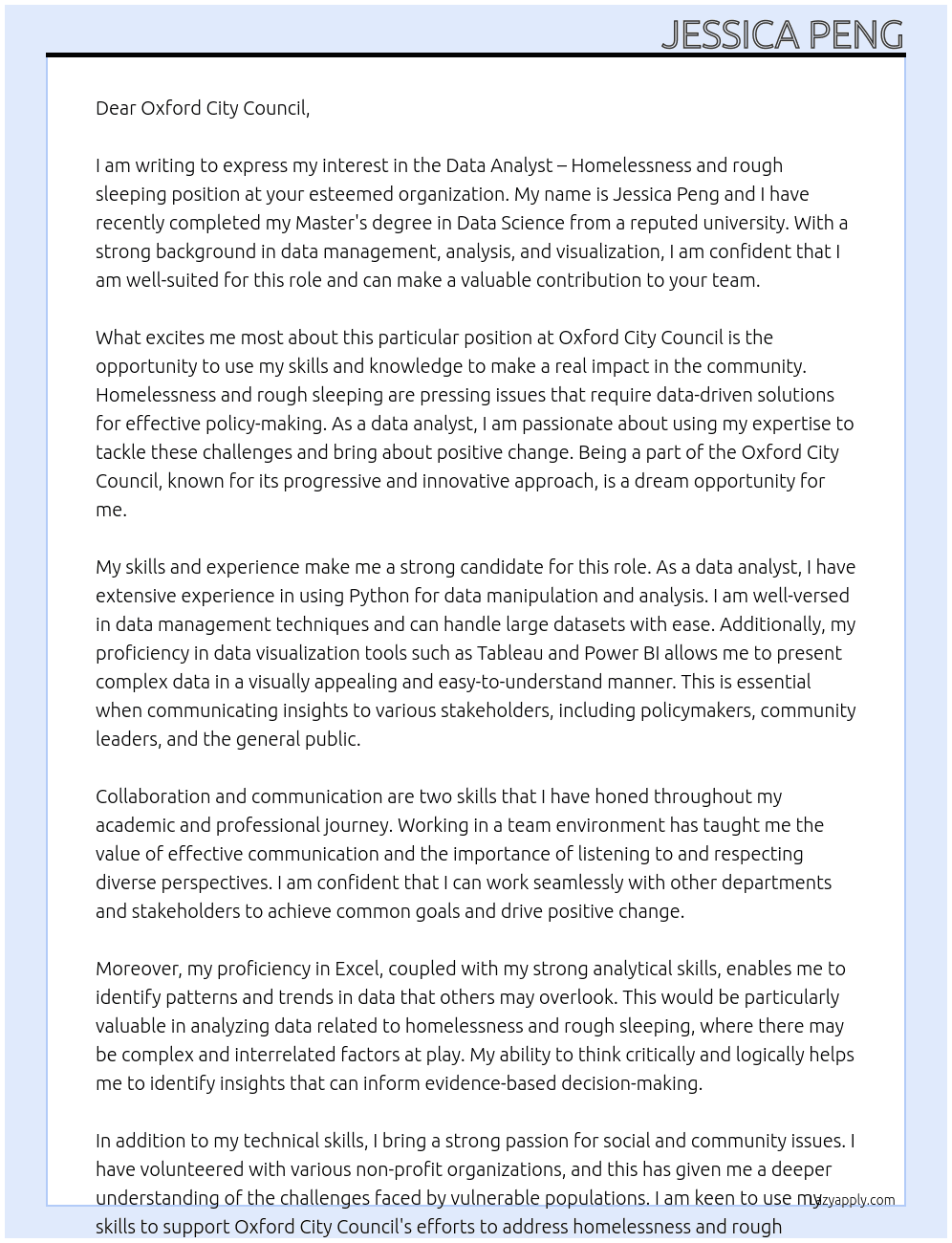Data Analyst – Homelessness and rough sleeping At Oxford City Council Cover Letter