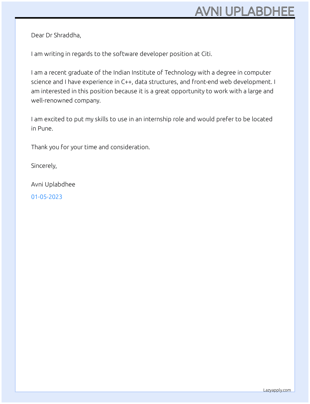Softtware Developer At Citi Cover Letter