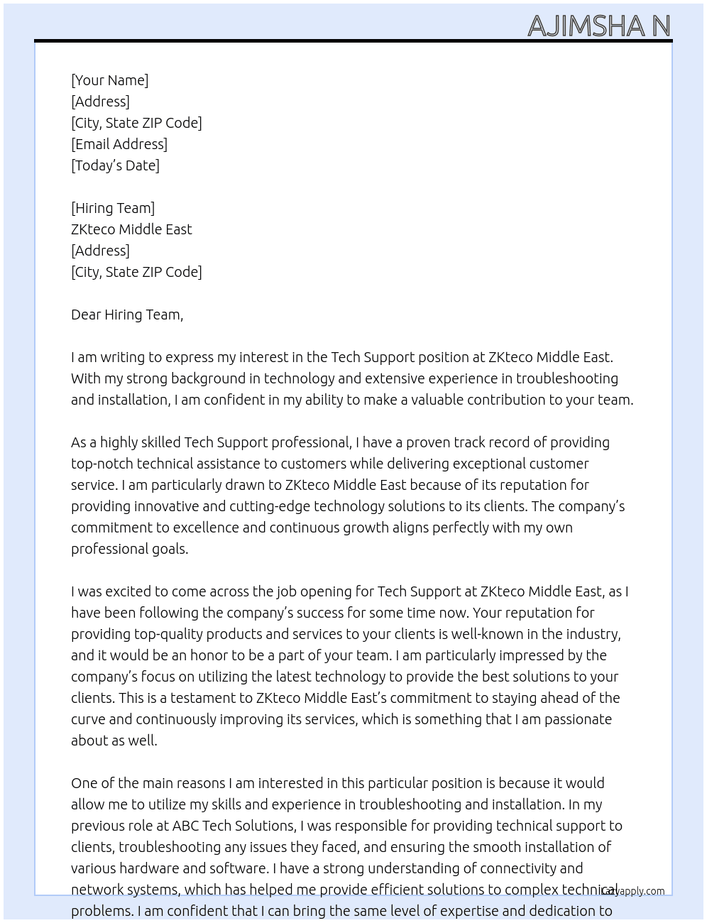 Tech Support  At ZKteco middle East  Cover Letter