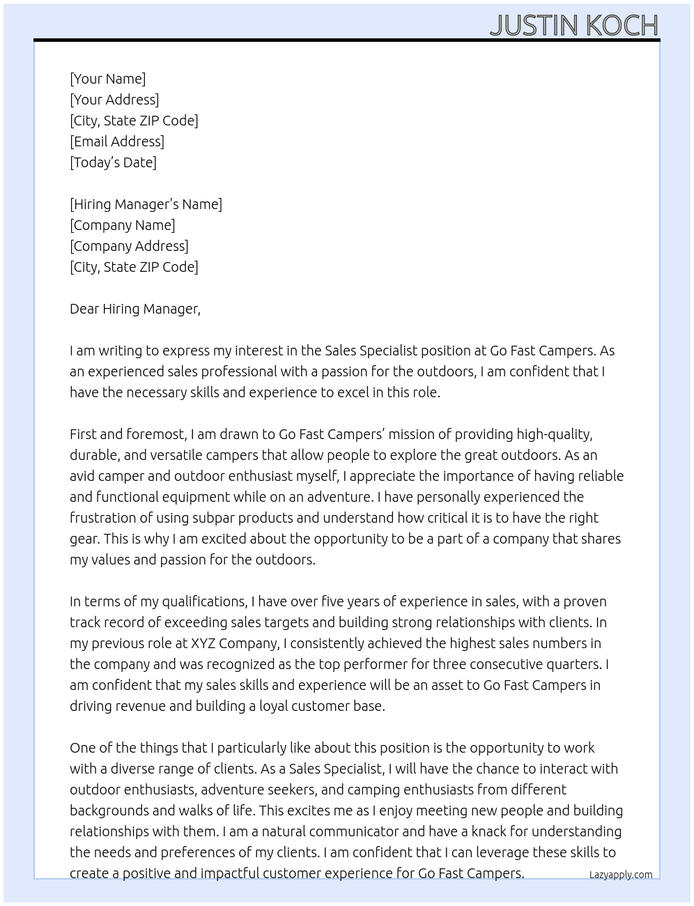 Sales Specialist At Go Fast Campers Cover Letter