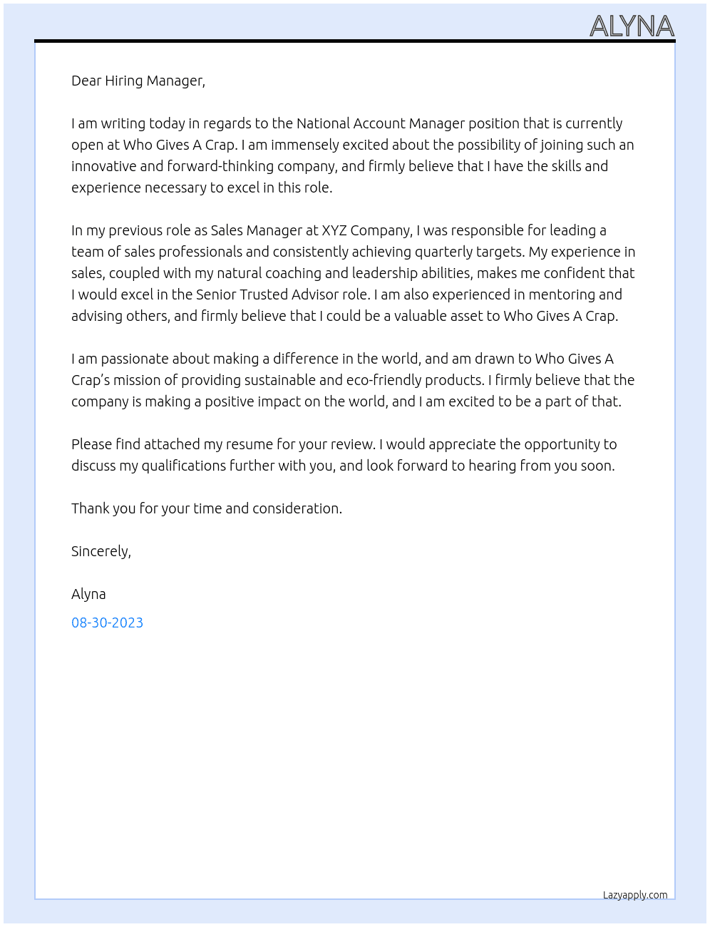 National Account Manager At Who Gives A Crap Cover Letter