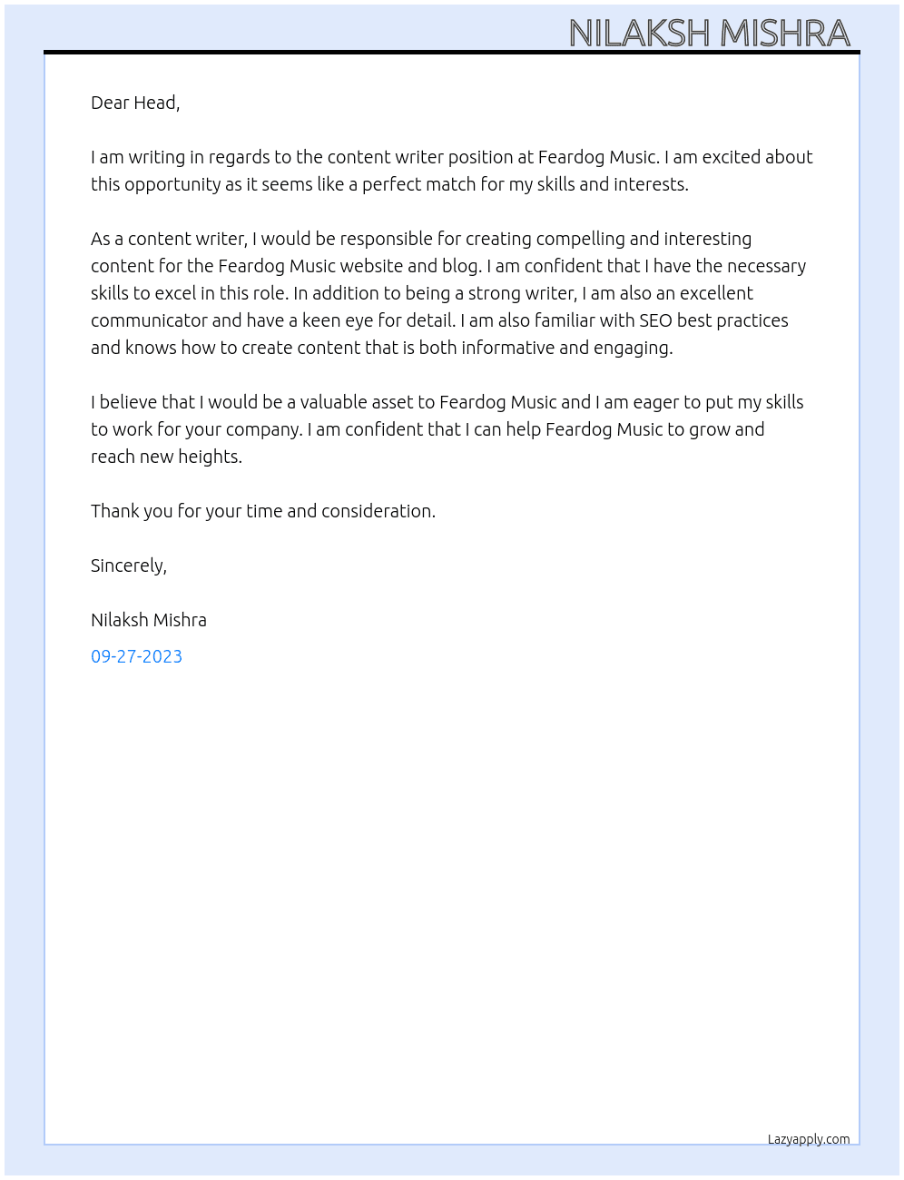 Content writer  At Feardog music Cover Letter