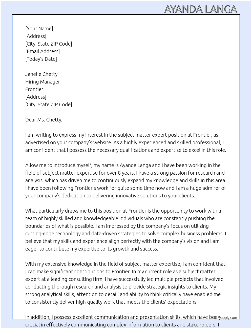 Subject matter expert  At Frontier  Cover Letter