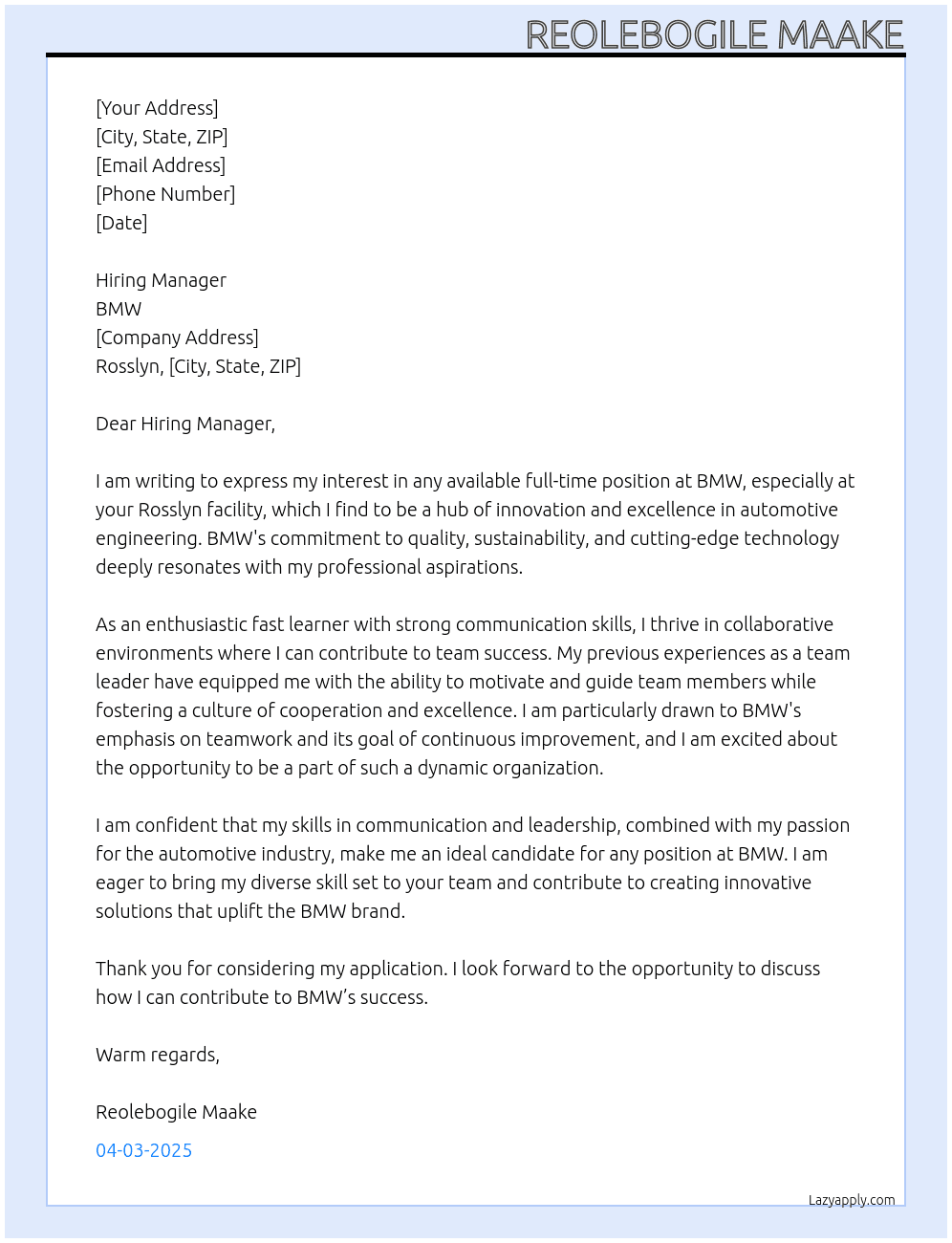 Any available position At BMW Cover Letter