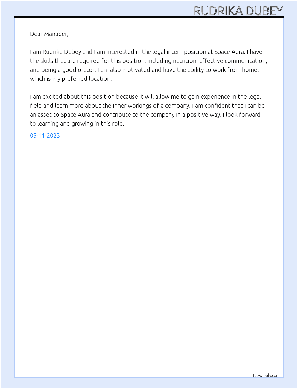 Legal intern At Space aura Cover Letter