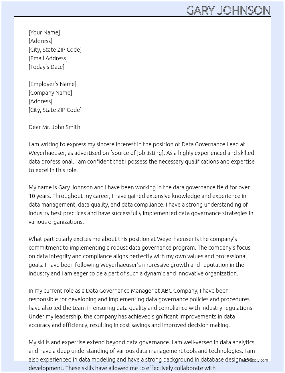 Data Governance Lead At Weyerhaeuser Cover Letter