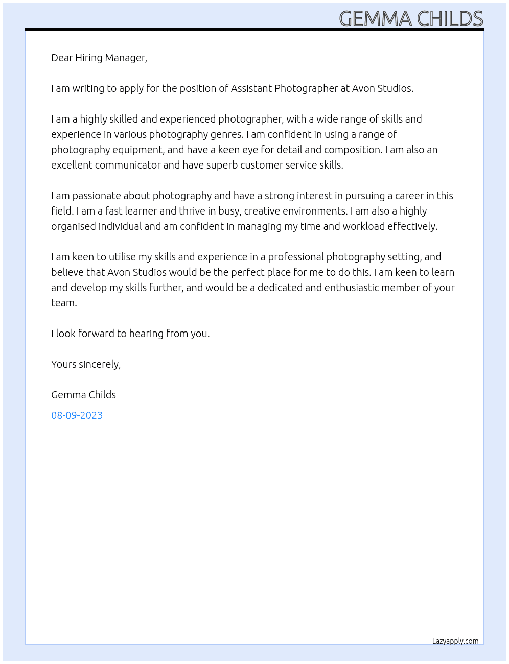 Assistant Photographer At Avon Studios Cover Letter