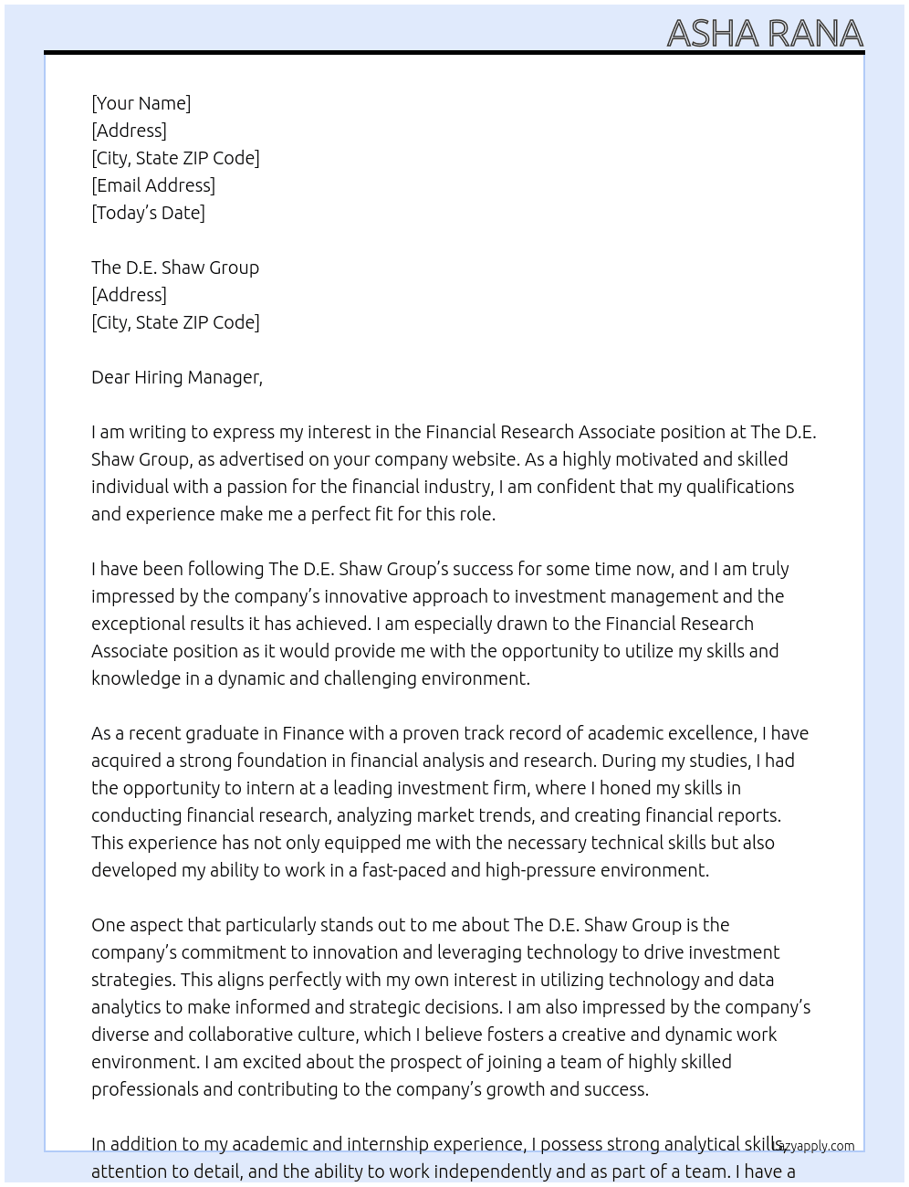 Financial research associate  At The D.E. Shaw Group Cover Letter