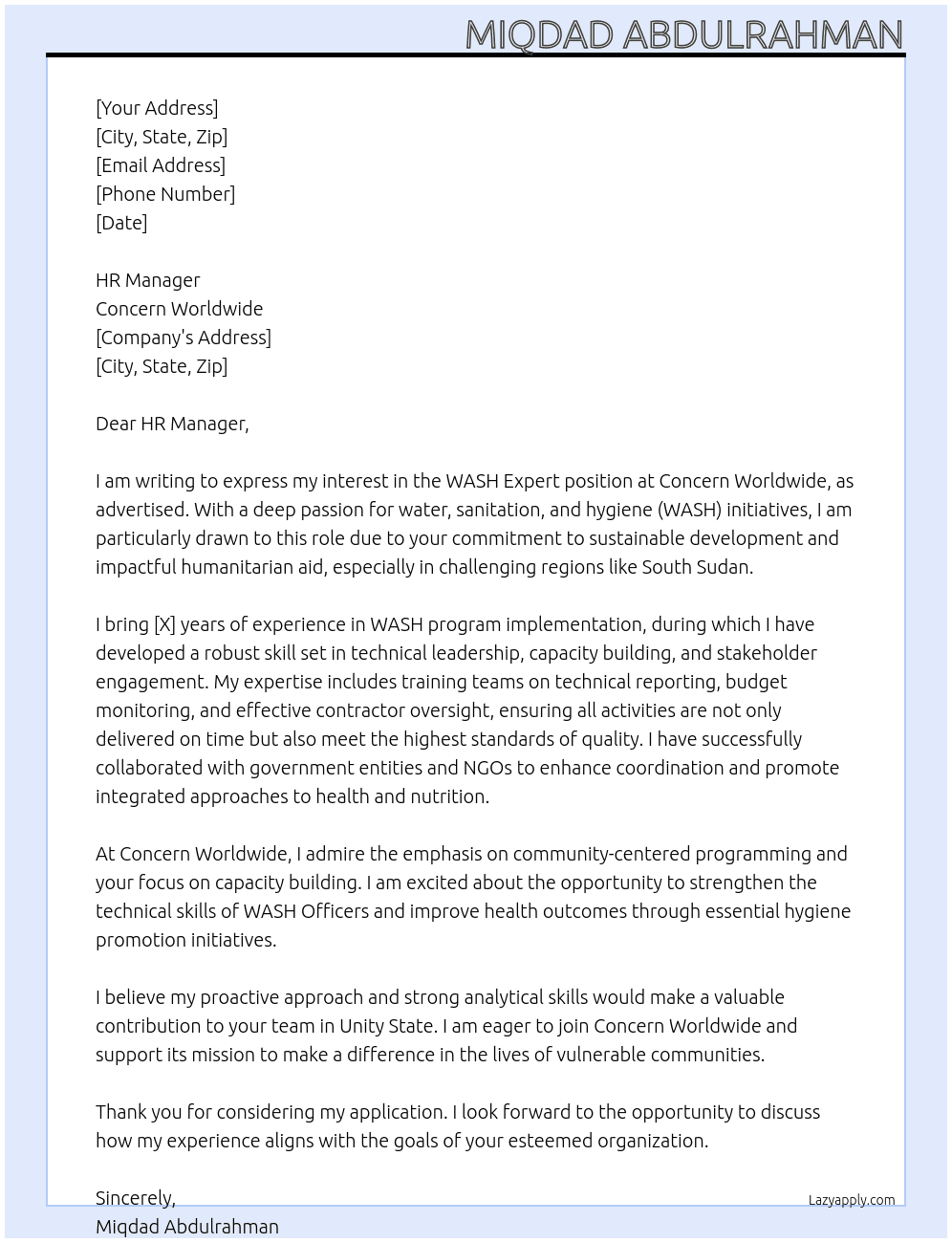 WASH Expert At Concern Worldwide Cover Letter