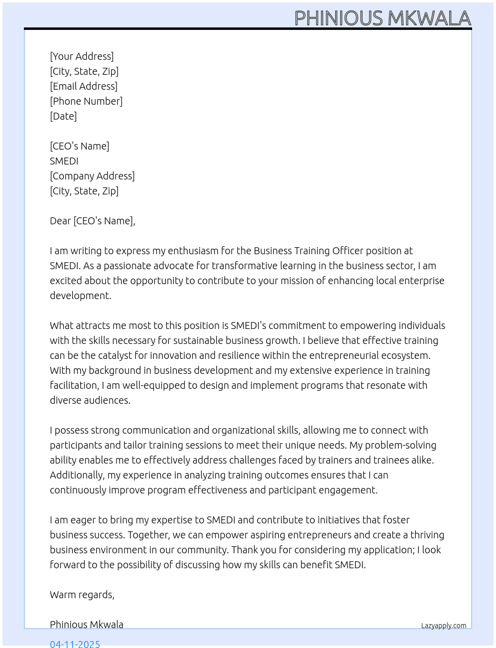 Business Training Officer At SMEDI Cover Letter