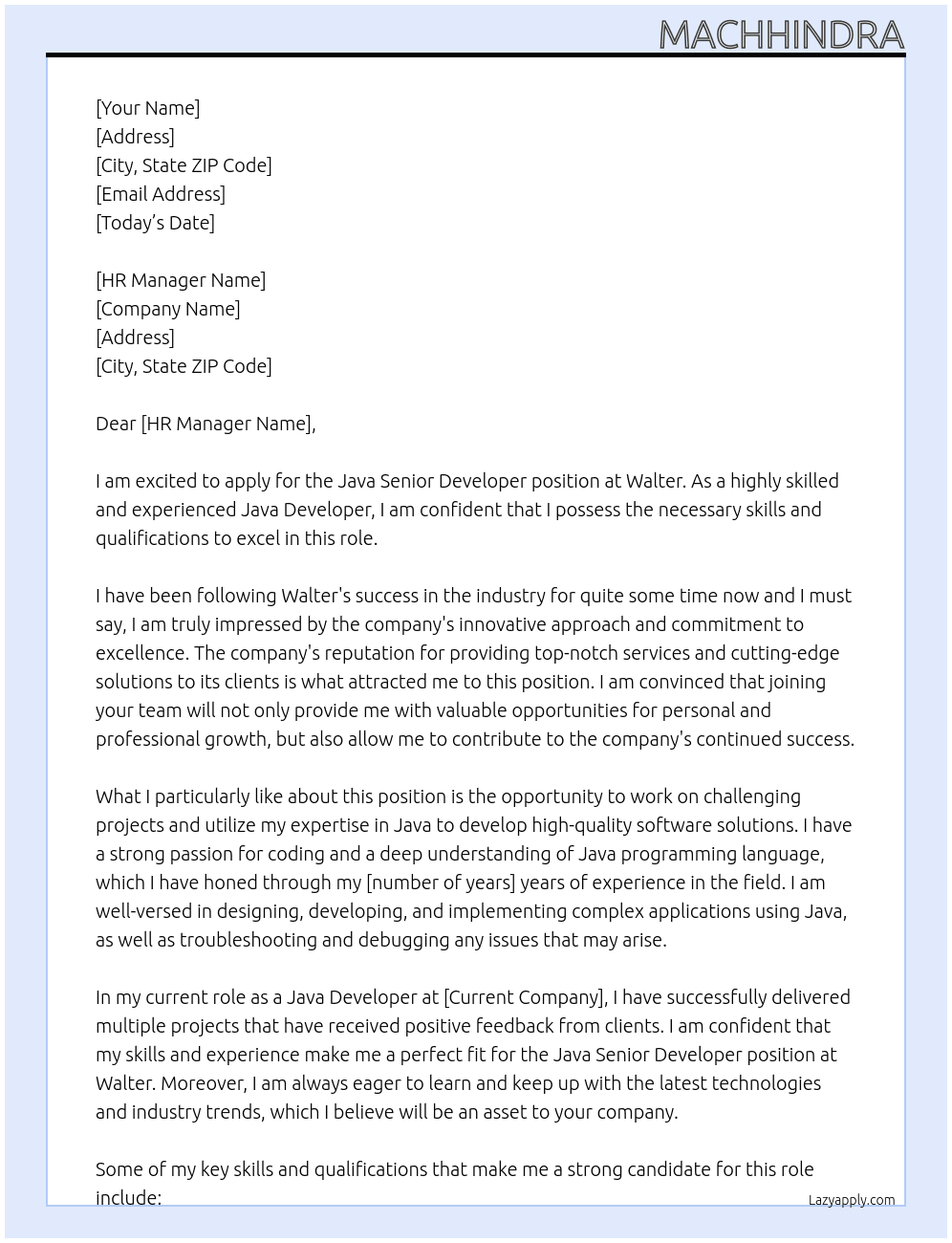 Java Senior Developer At Walter Cover Letter