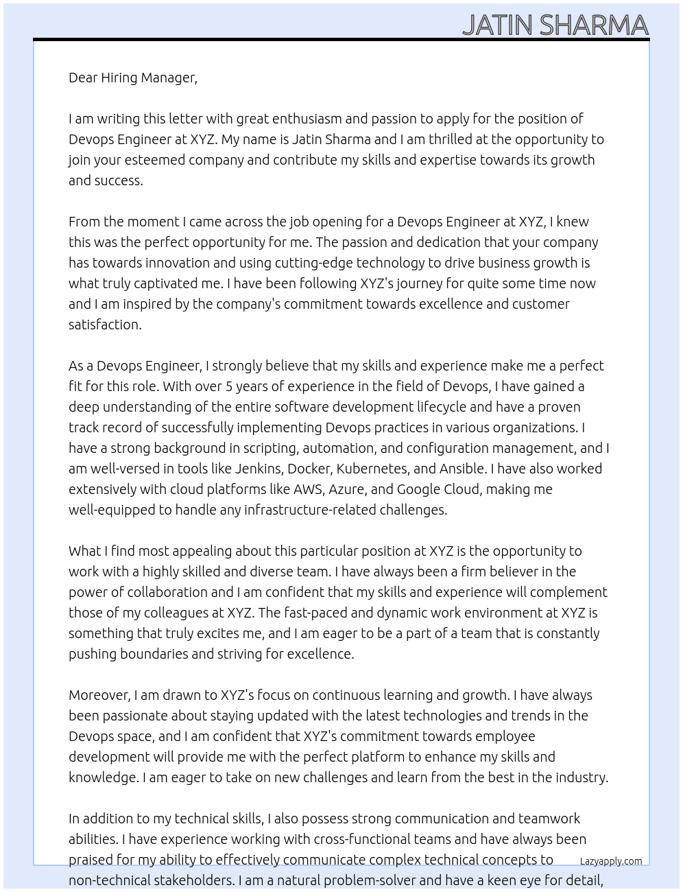 Devops engineer At XYZ Cover Letter