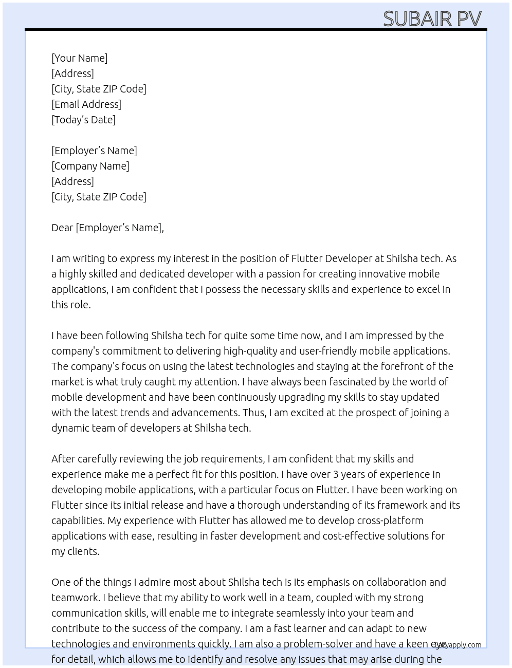 FLUTTER DEVELOPER At Shilsha tech Cover Letter