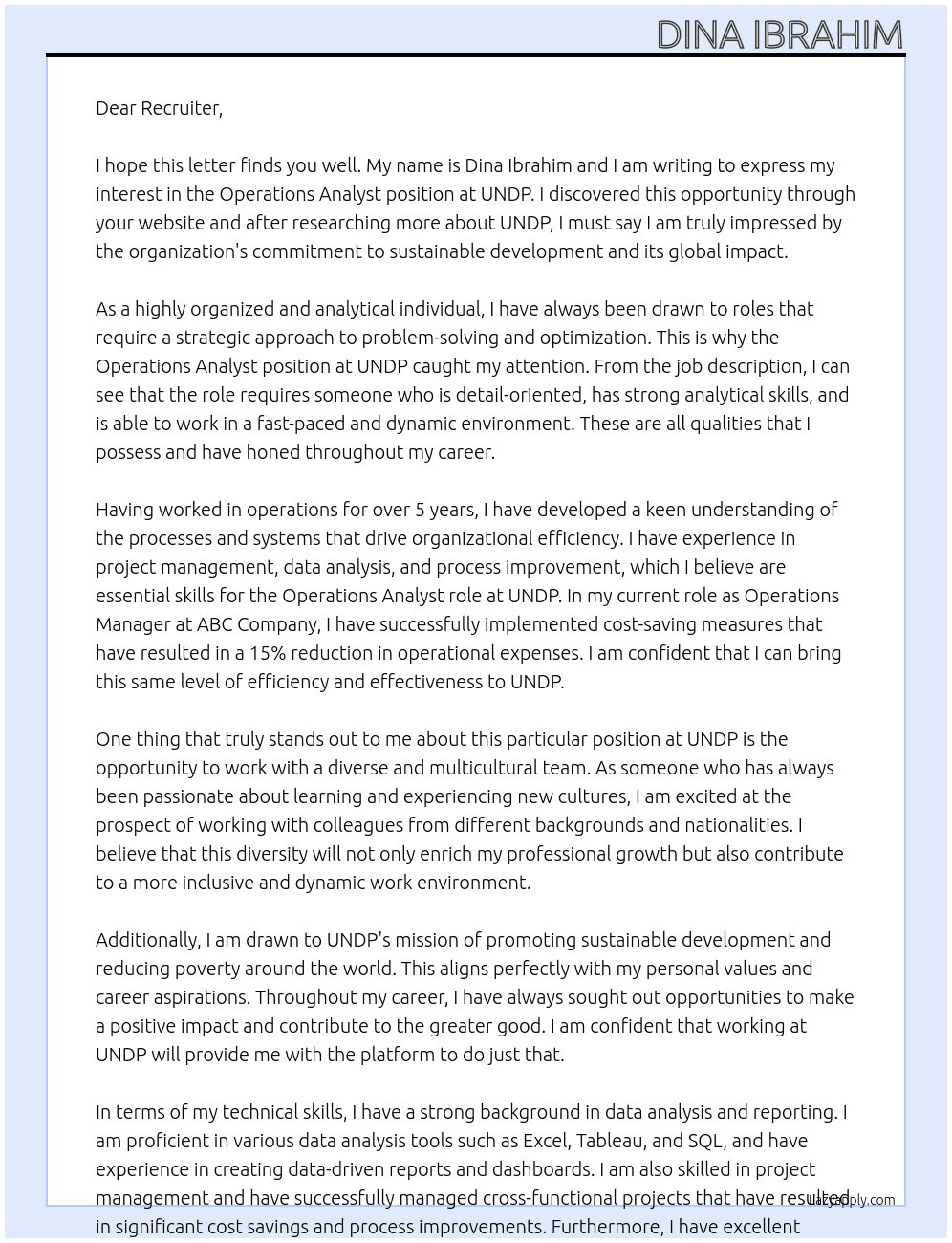Operations Analyst  At UNDP Cover Letter