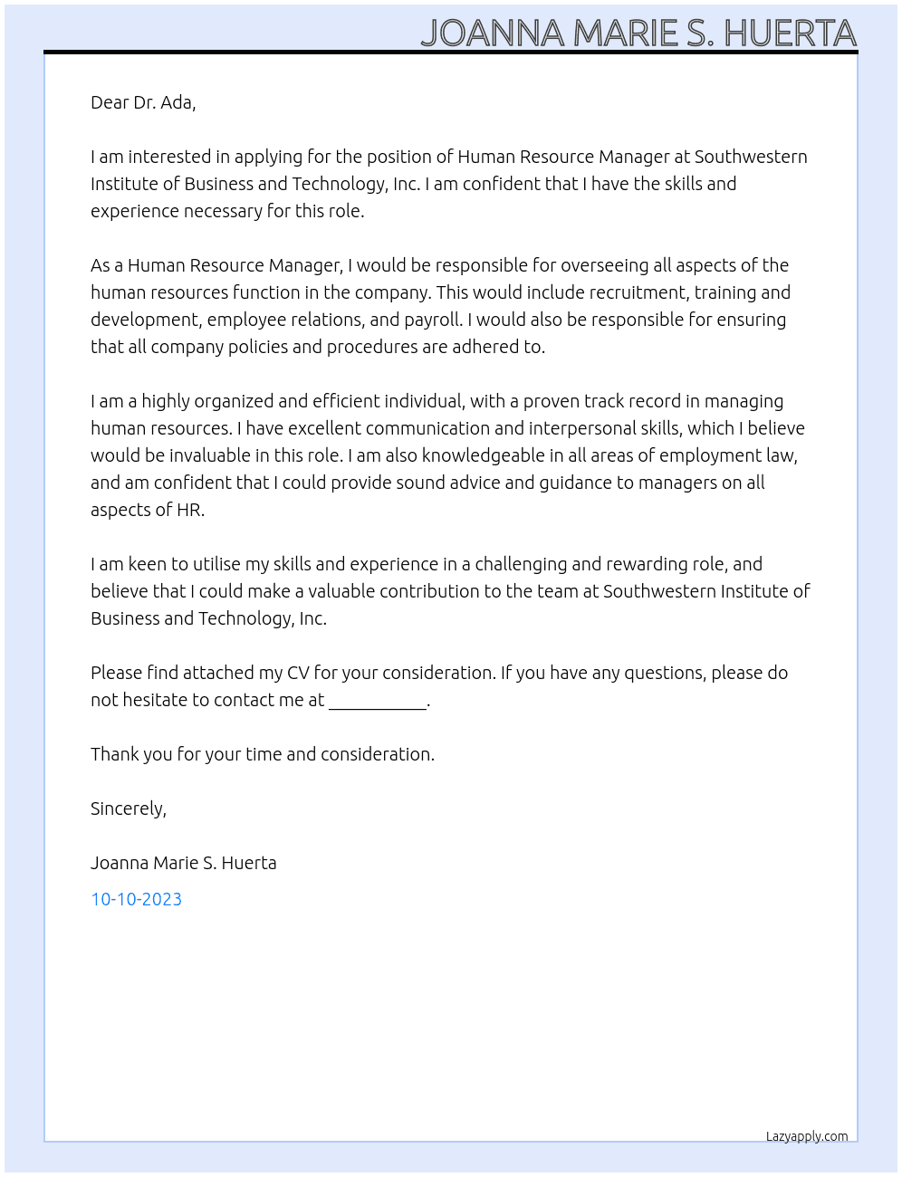 Human Resource Manager At Southwestern Institute of Business and Technology, Inc. Cover Letter