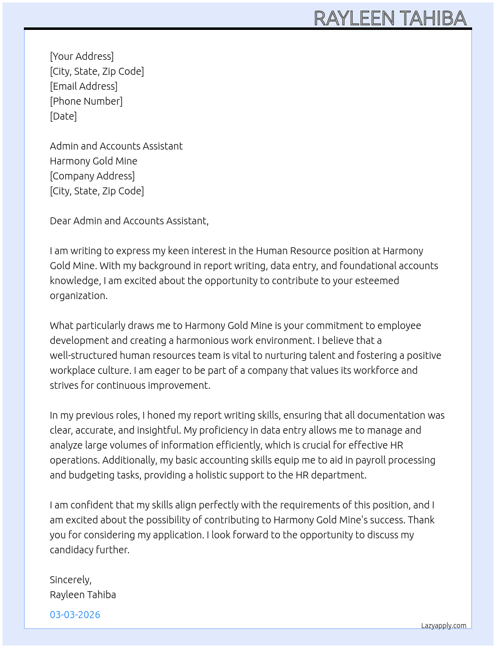 Human Resource  At Harmony Gold Mine Cover Letter