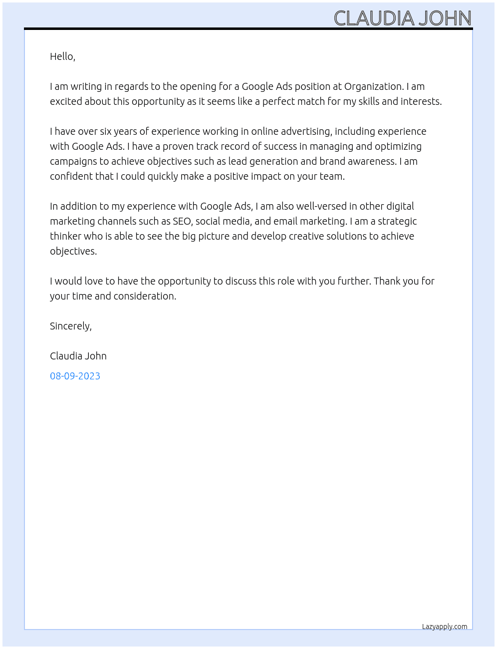 google Ads  At Organizatio Cover Letter