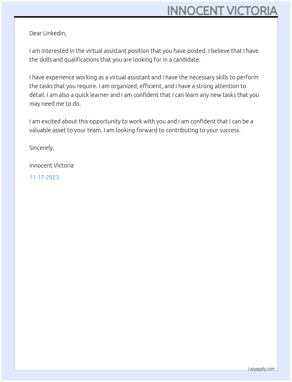 virtual assiatant At alinkedIn Cover Letter